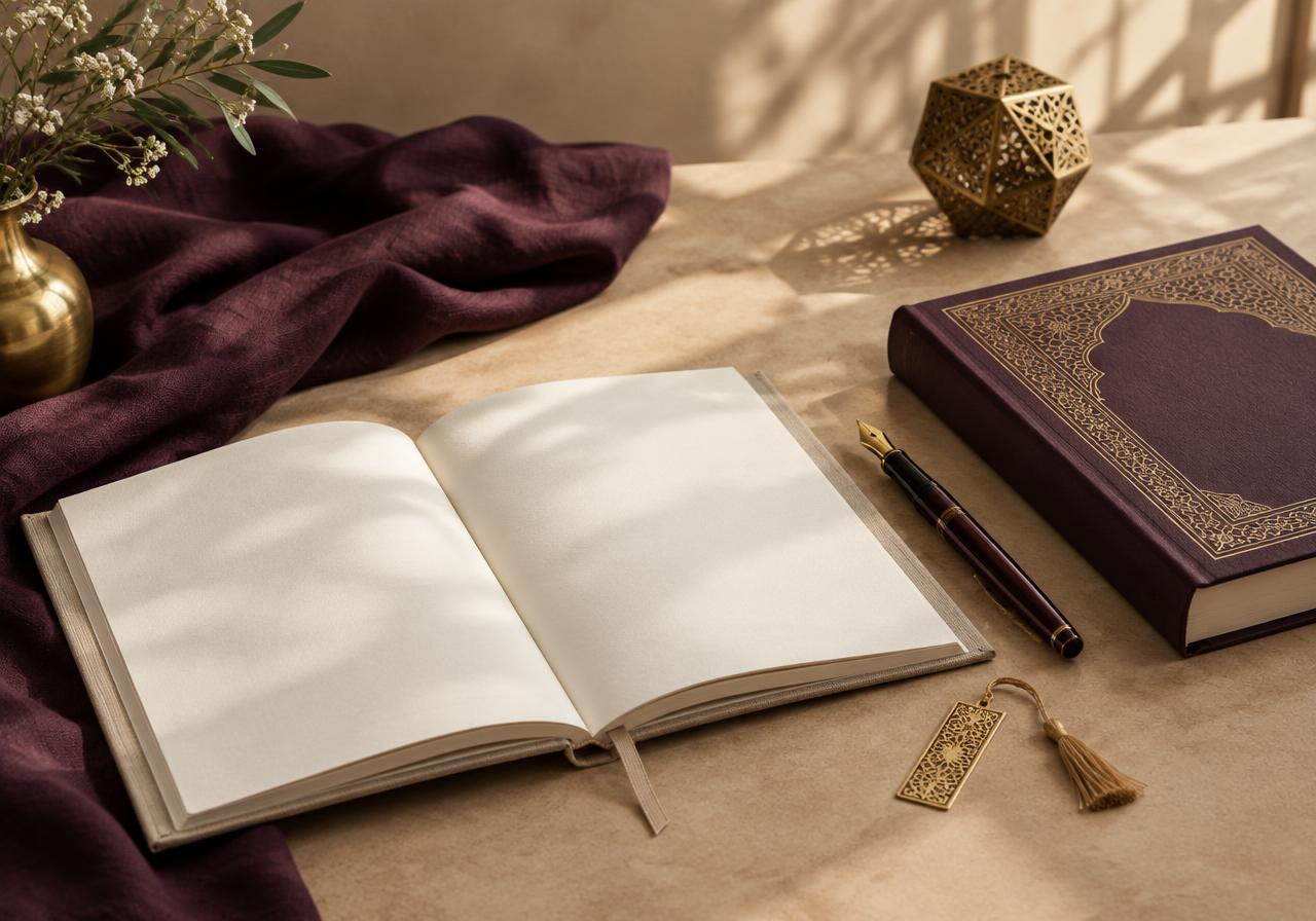 An open notebook, book and pen arranged for thoughtful marriage learning