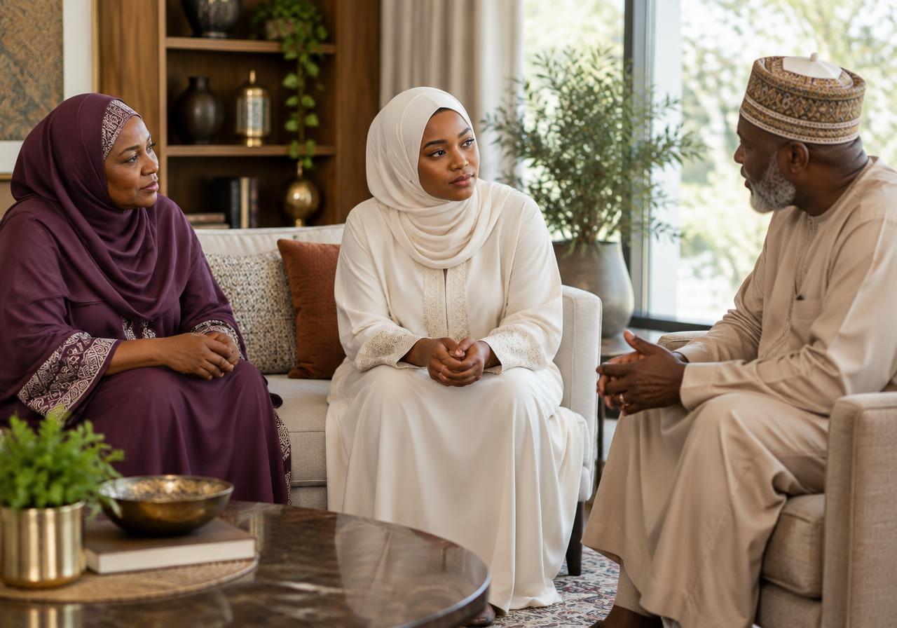 A Muslim adult speaking thoughtfully with two older family members in a warm home