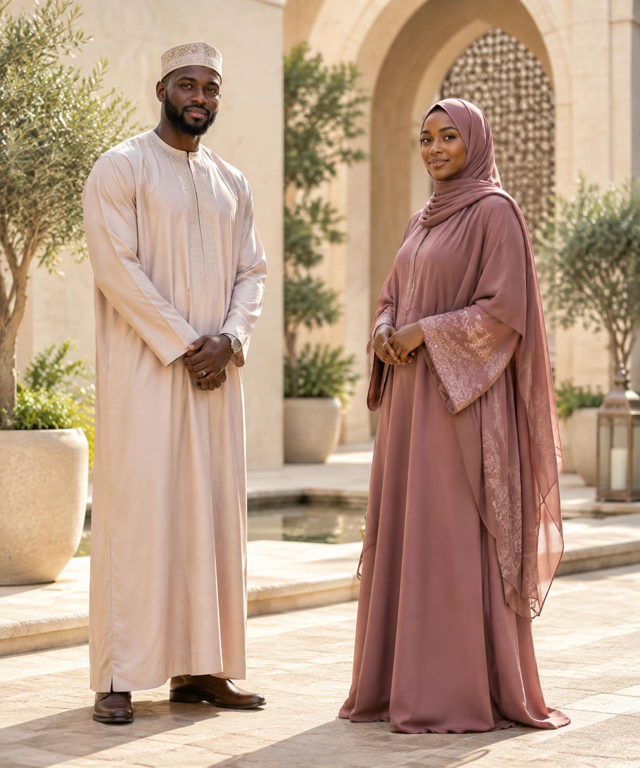 Two Muslim adults in elegant modest clothing standing respectfully in a sunlit courtyard