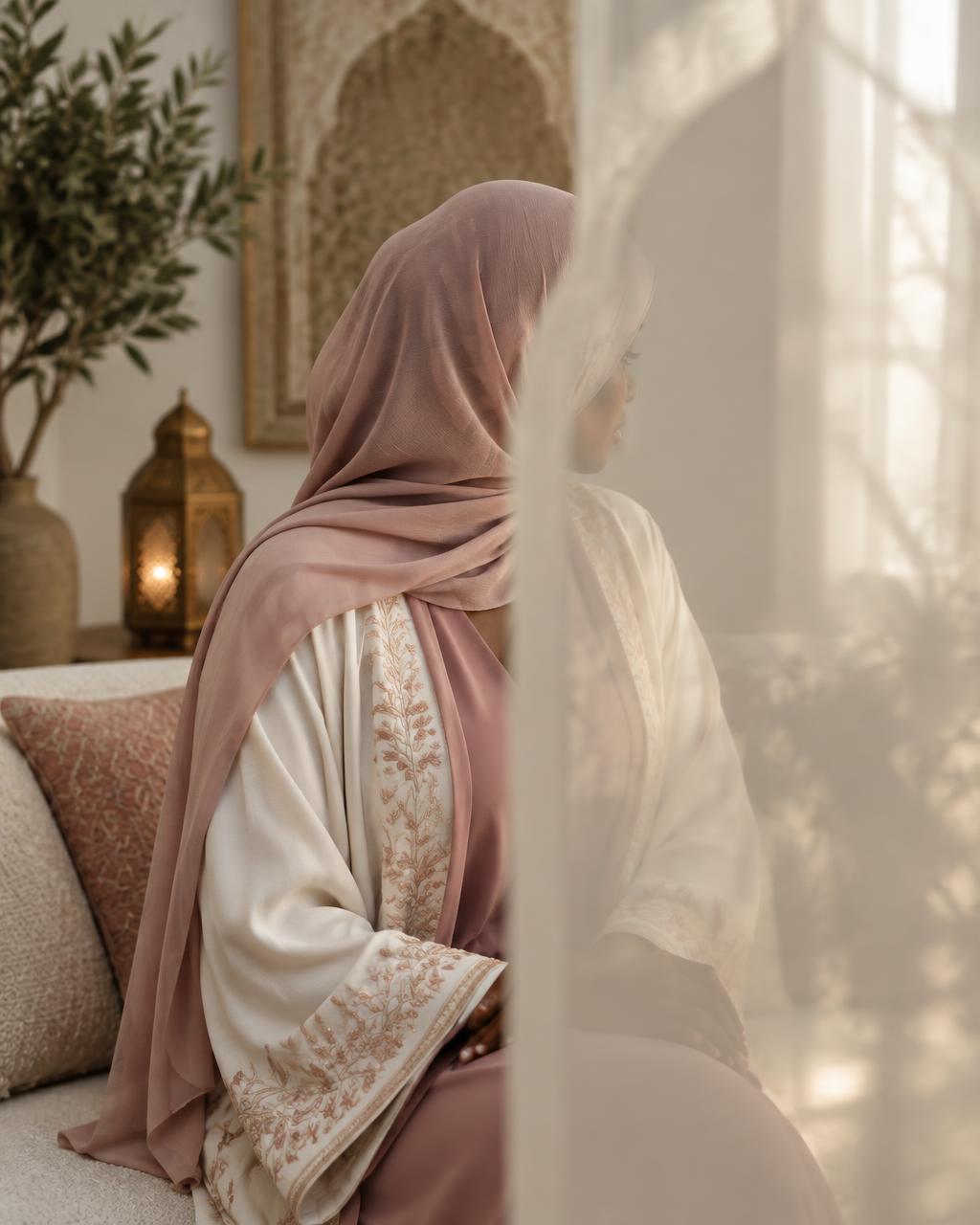 A Muslim woman seen through a soft translucent curtain representing private photo controls